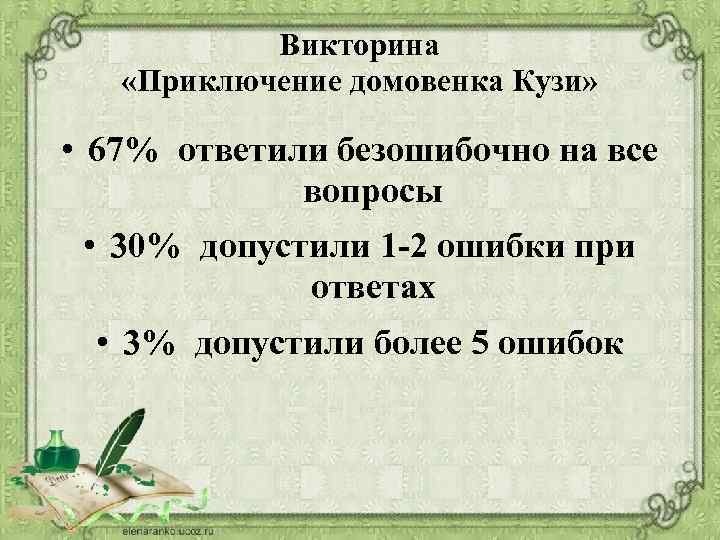 Викторина «Приключение домовенка Кузи» • 67% ответили безошибочно на все вопросы • 30% допустили