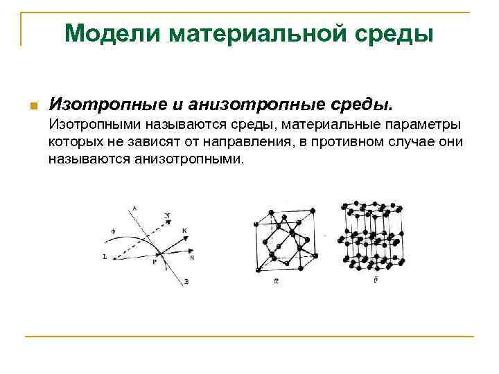 Модели материальной среды n Изотропные и анизотропные среды. Изотропными называются среды, материальные параметры которых