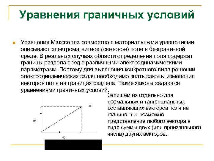 Уравнения граничных условий n Уравнения Максвелла совместно с материальными уравнениями описывают электромагнитное (световое) поле