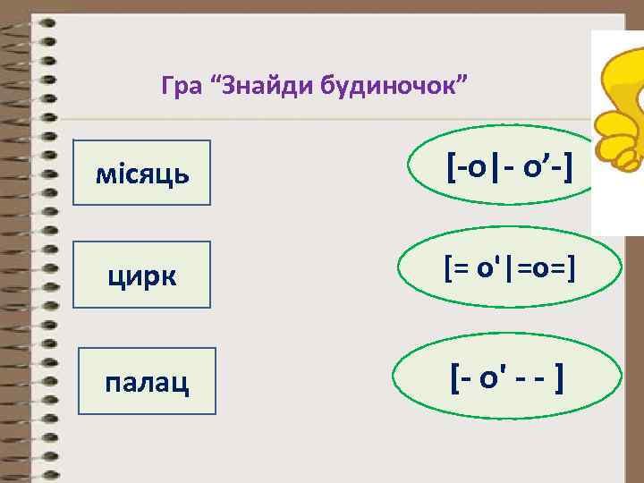 Гра “Знайди будиночок” місяць [-о|- о’-] цирк [= о'|=о=] палац [- о' - -