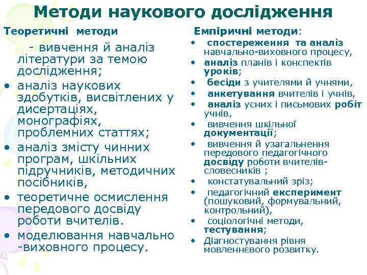 Методи наукового дослідження Теоретичні методи • • - вивчення й аналіз літератури за темою