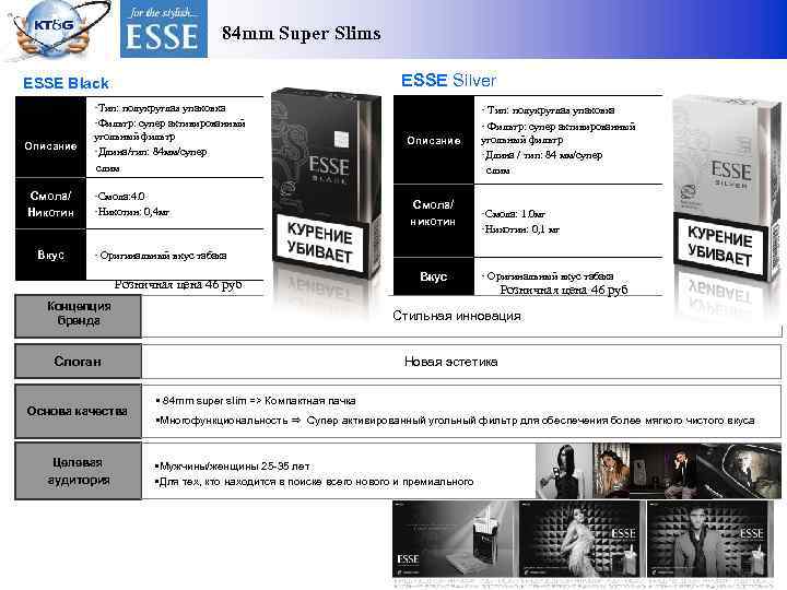 84 mm Super Slims ESSE Silver ESSE Black Описание Смола/ Никотин Вкус ‣Тип: полукруглая