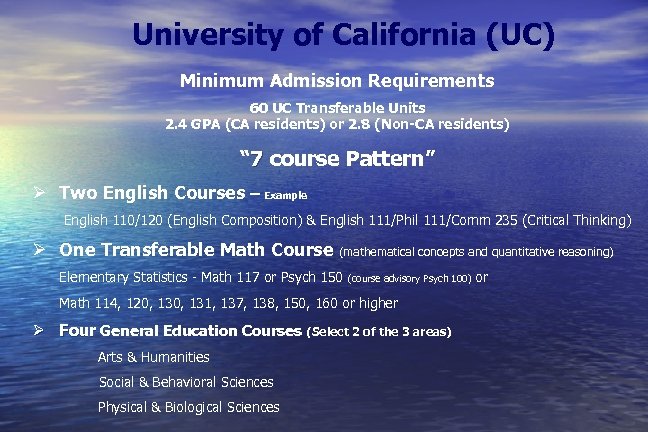 University of California (UC) Minimum Admission Requirements 60 UC Transferable Units 2. 4 GPA