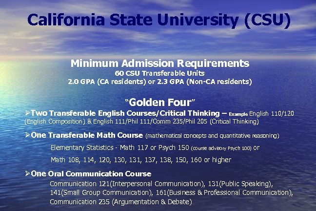 California State University (CSU) Minimum Admission Requirements 60 CSU Transferable Units 2. 0 GPA