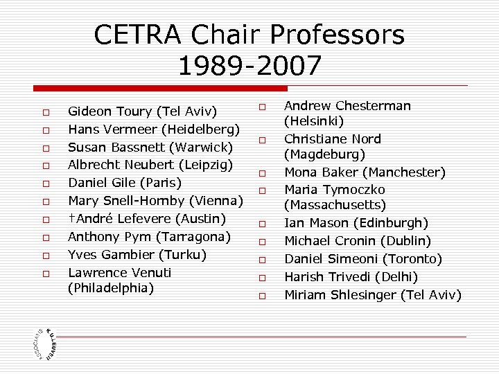 CETRA Chair Professors 1989 -2007 o o o o o Gideon Toury (Tel Aviv)