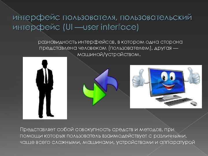 интерфейс пользователя, пользовательский интерфейс (UI —user interface) разновидность интерфейсов, в котором одна сторона представлена