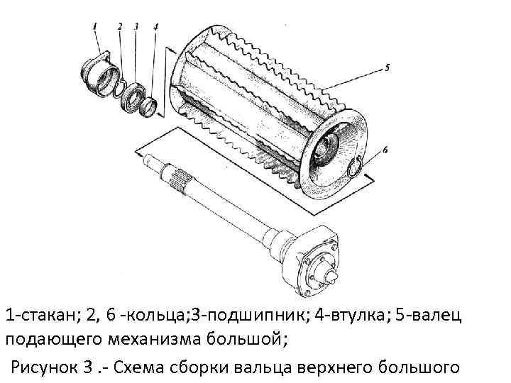 1 стакан; 2, 6 кольца; 3 подшипник; 4 втулка; 5 валец подающего механизма большой;