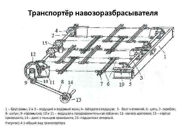 Транспортёр навозоразбрасывателя 1 – брус рамы; 2 и 3 – ведущий и ведомый валы;