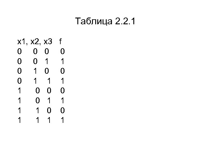 Таблица 2. 2. 1 х1, х2, х3 0 0 0 1 1 1 0