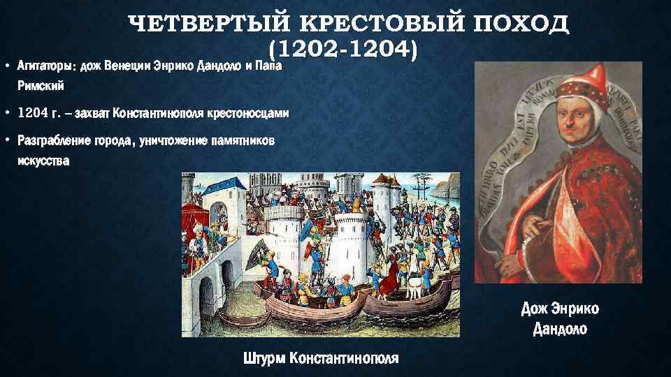 ЧЕТВЕРТЫЙ КРЕСТОВЫЙ ПОХОД (1202 -1204) • Агитаторы: дож Венеции Энрико Дандоло и Папа Римский