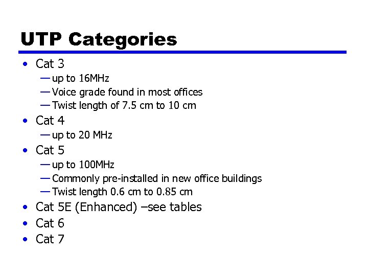 UTP Categories • Cat 3 — up to 16 MHz — Voice grade found