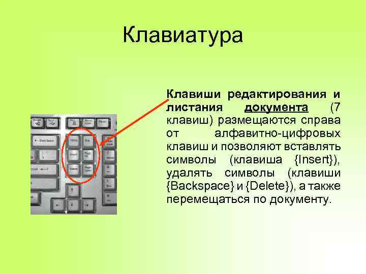 Клавиатура Клавиши редактирования и листания документа (7 клавиш) размещаются справа от алфавитно-цифровых клавиш и