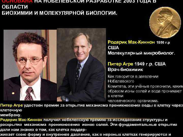 ОСНОВАНА НА НОБЕЛЕВСКОЙ РАЗРАБОТКЕ 2003 ГОДА В ОБЛАСТИ БИОХИМИИ И МОЛЕКУЛЯРНОЙ БИОЛОГИИ. Родерик Мак-Киннон