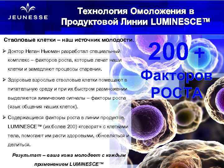 Технология Омоложения в Продуктовой Линии LUMINESCE™ Стволовые клетки – наш источник молодости. Ø Доктор