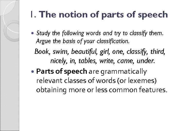 1. The notion of parts of speech Study the following words and try to