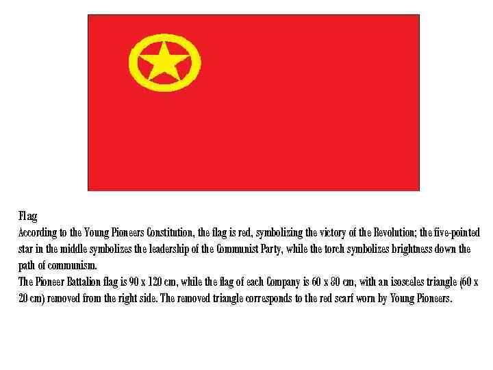 Flag According to the Young Pioneers Constitution, the flag is red, symbolizing the victory