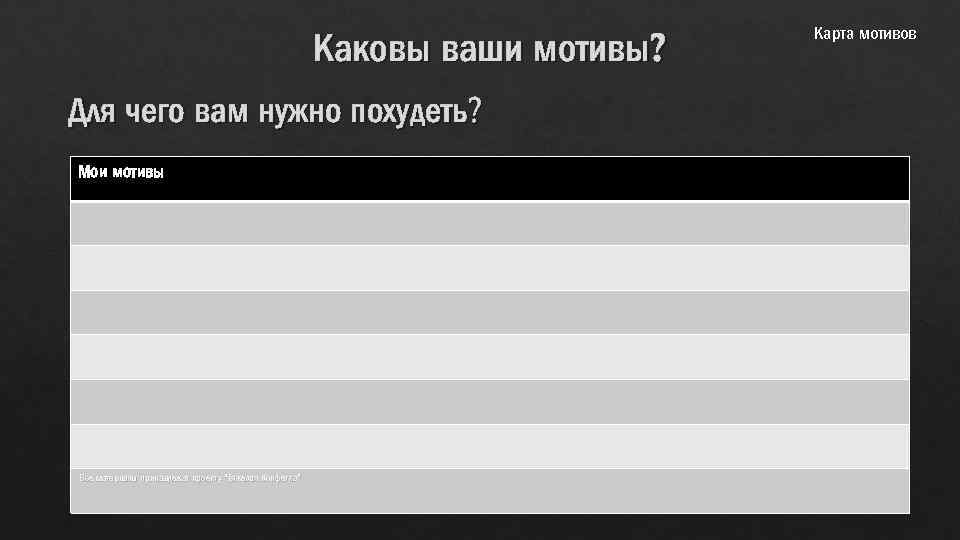 Каковы ваши мотивы? Для чего вам нужно похудеть? Мои мотивы Все материалы принадлежат проекту