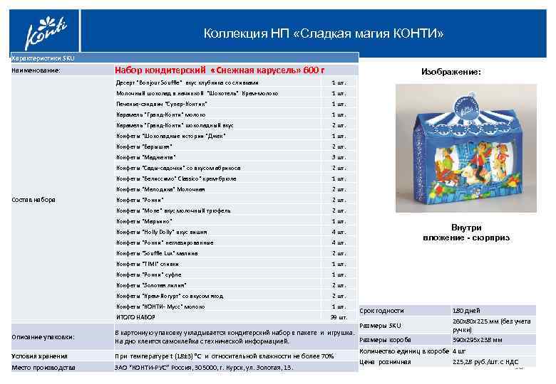 Коллекция НП «Сладкая магия КОНТИ» Характеристики SKU Наименование: Набор кондитерский «Снежная карусель» 600 г