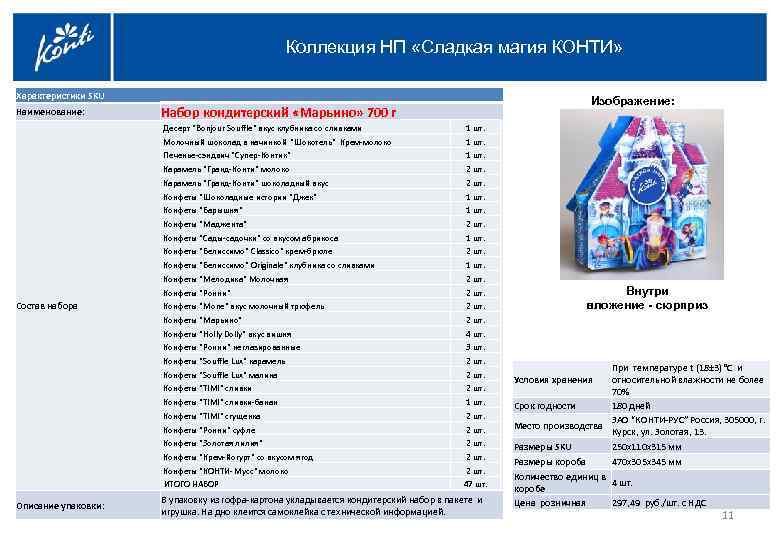 Коллекция НП «Сладкая магия КОНТИ» Характеристики SKU Наименование: Набор кондитерский «Марьино» 700 г Изображение: