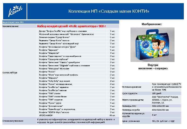 Коллекция НП «Сладкая магия КОНТИ» Характеристики SKU Наименование: Набор кондитерский «Кейс архитектора» 900 г