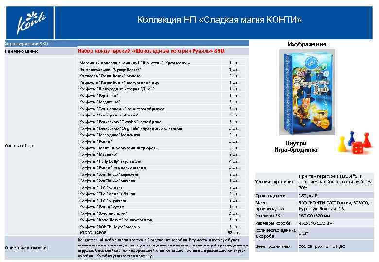 Коллекция НП «Сладкая магия КОНТИ» Характеристики SKU Наименование: Набор кондитерский «Шоколадные истории Руаяль» 860