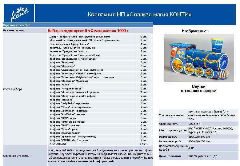 Коллекция НП «Сладкая магия КОНТИ» Характеристики SKU Наименование: Набор кондитерский «Самоделкин» 1000 г Десерт