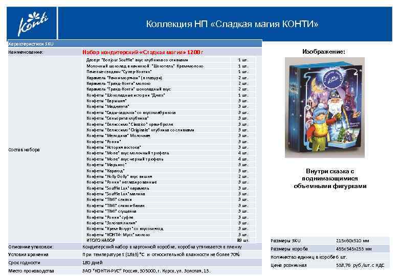 Коллекция НП «Сладкая магия КОНТИ» Характеристики SKU Наименование: Набор кондитерский «Сладкая магия» 1200 г