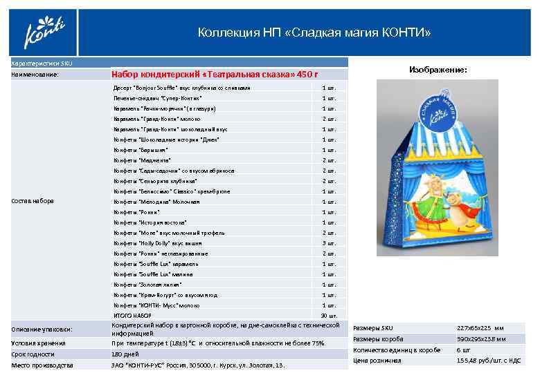 Коллекция НП «Сладкая магия КОНТИ» Характеристики SKU Наименование: Набор кондитерский «Театральная сказка» 450 г