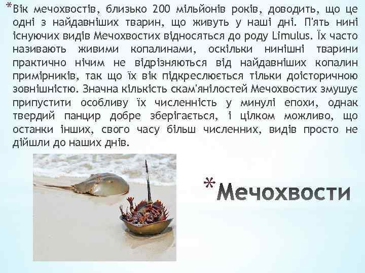 *Вік мечохвостів, близько 200 мільйонів років, доводить, що це одні з найдавніших тварин, що