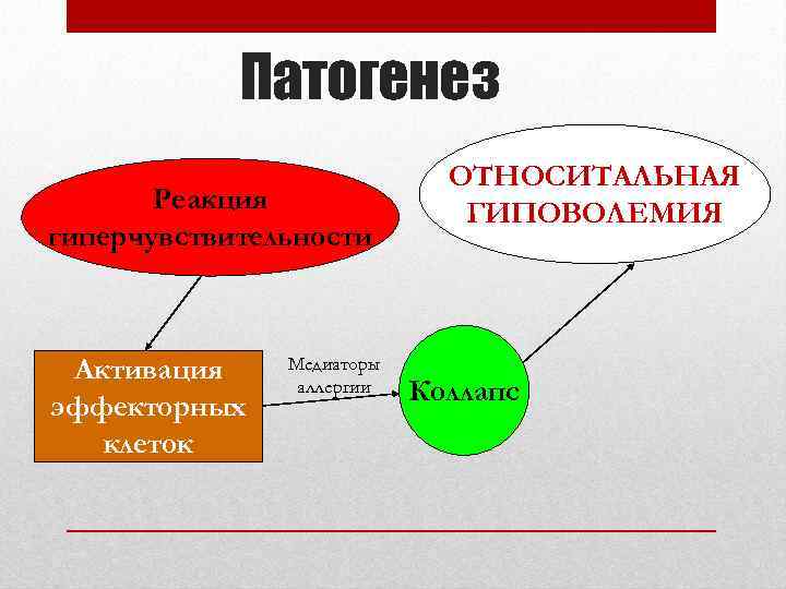 Патогенез Реакция гиперчувствительности Активация эффекторных клеток Медиаторы аллергии ОТНОСИТАЛЬНАЯ ГИПОВОЛЕМИЯ Коллапс 