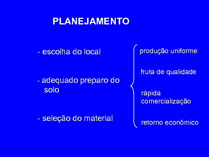 PLANEJAMENTO - escolha do local - adequado preparo do solo - seleção do material