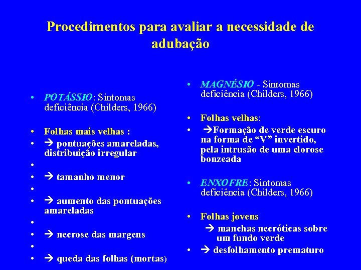 Procedimentos para avaliar a necessidade de adubação • POTÁSSIO: Sintomas deficiência (Childers, 1966) •