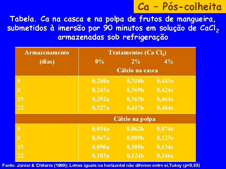 Ca – Pós-colheita Tabela. Ca na casca e na polpa de frutos de mangueira,