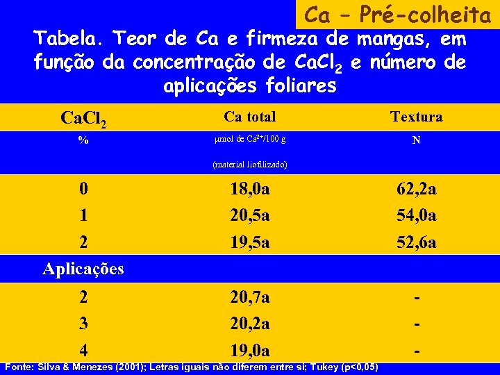 Ca – Pré-colheita Tabela. Teor de Ca e firmeza de mangas, em função da