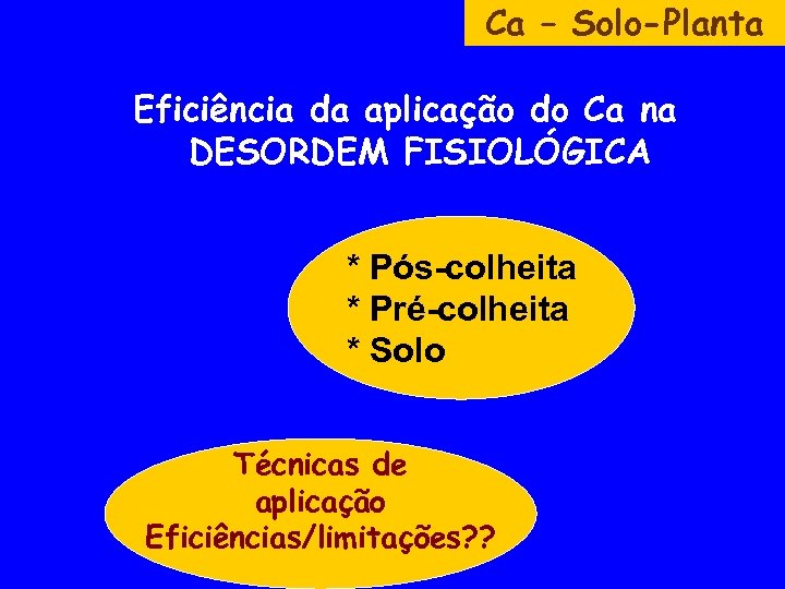 Ca – Solo-Planta Eficiência da aplicação do Ca na DESORDEM FISIOLÓGICA * Pós-colheita *