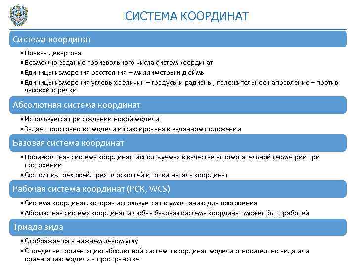 СИСТЕМА КООРДИНАТ Система координат • Правая декартова • Возможно задание произвольного числа систем координат