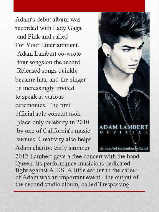 Adam's debut album was recorded with Lady Gaga and Pink and called For Your