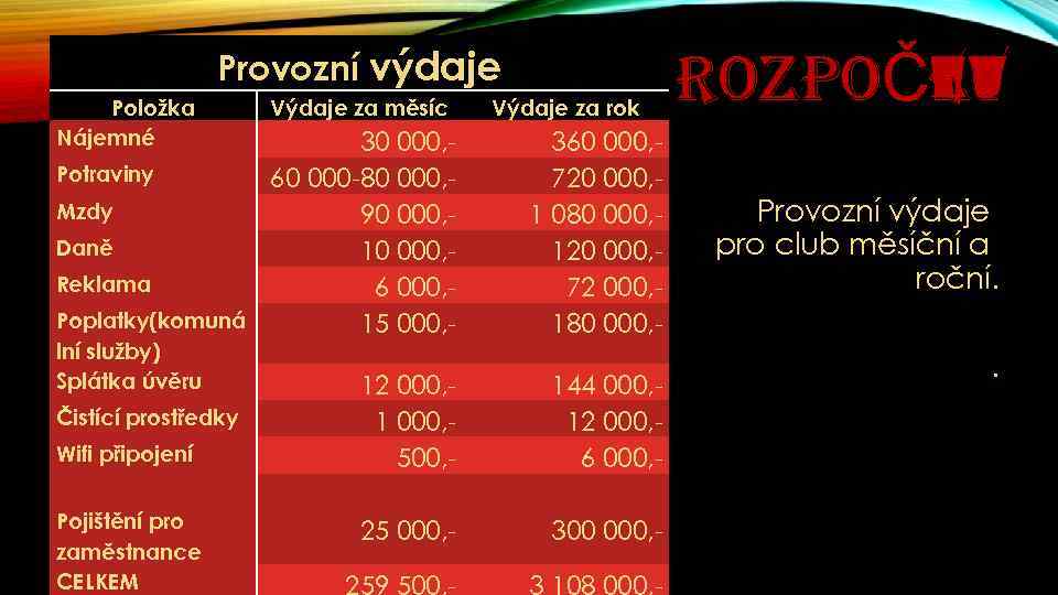 Provozní výdaje Položka Nájemné Výdaje za měsíc 30 000, Potraviny 60 000 -80 000,