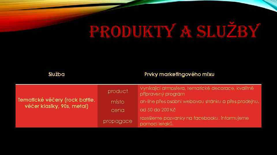 PRODUKTY A SLUŽBY Služba Prvky marketingového mixu product Tematické věčery (rock battle, věčer klasiky,