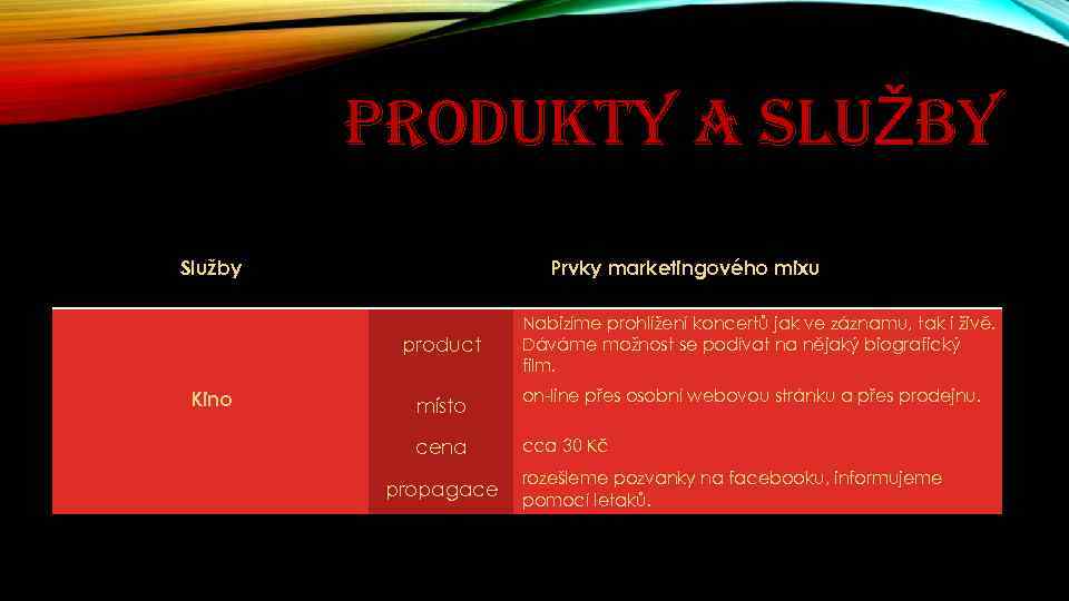 PRODUKTY A SLUŽBY Služby Prvky marketingového mixu product Kino místo cena propagace Nabizíme prohlížení
