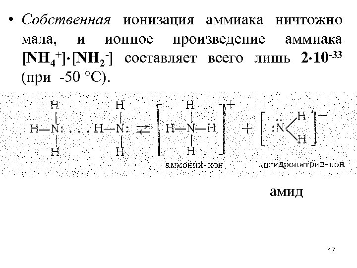  • Собственная ионизация аммиака ничтожно мала, и ионное произведение аммиака [NН 4+] [NН