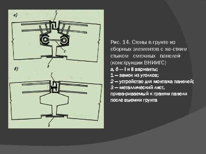 Рис. 14. Стены в грунте из сборных элементов с же стким стыком смежных панелей