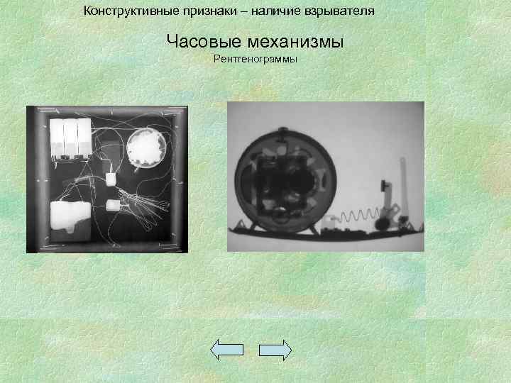 Конструктивные признаки – наличие взрывателя Часовые механизмы Рентгенограммы 