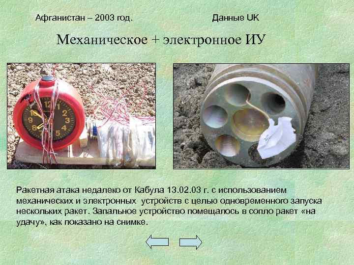 Афганистан – 2003 год. Данные UK Механическое + электронное ИУ Ракетная атака недалеко от