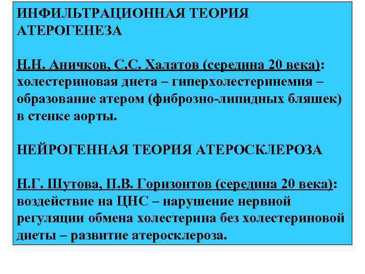 ИНФИЛЬТРАЦИОННАЯ ТЕОРИЯ АТЕРОГЕНЕЗА Н. Н. Аничков, С. С. Халатов (середина 20 века): холестериновая диета