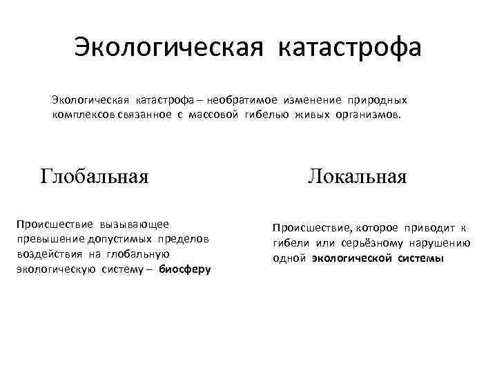 Экологическая катастрофа – необратимое изменение природных комплексов связанное с массовой гибелью живых организмов. Глобальная