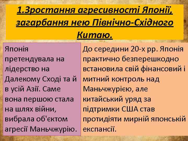 1. Зростання агресивності Японії, загарбання нею Північно-Східного Китаю. Японія претендувала на лідерство на Далекому