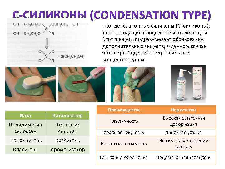 - конденсационные силиконы (С–силиконы), т. е. проходящие процесс поликонденсации Этот процесс подразумевает образование дополнительных