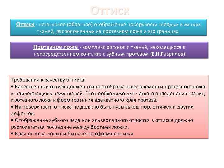 Оттиск - негативное (обратное) отображение поверхности твердых и мягких тканей, расположенных на протезном ложе