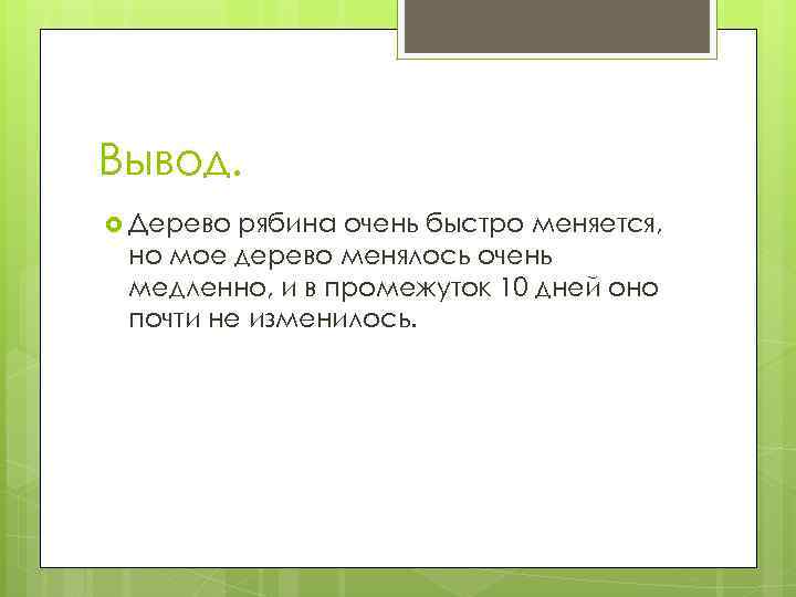 Вывод. Дерево рябина очень быстро меняется, но мое дерево менялось очень медленно, и в